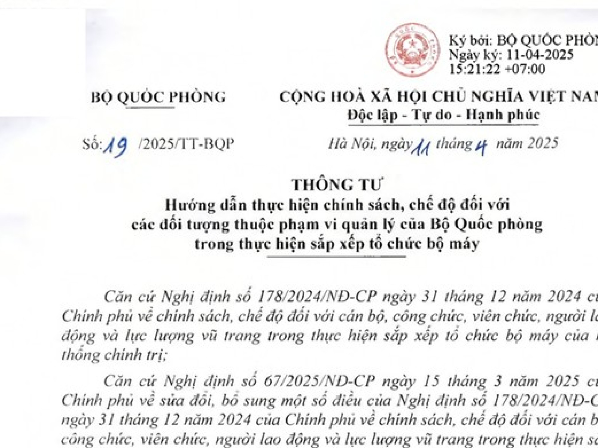 THÔNG TƯ 19/2025/TT-BQP VỀ CHÍNH SÁCH, CHẾ ĐỘ KHI SẮP XẾP, TINH GỌN TỔ CHỨC BỘ MÁY TRONG QUÂN ĐỘI