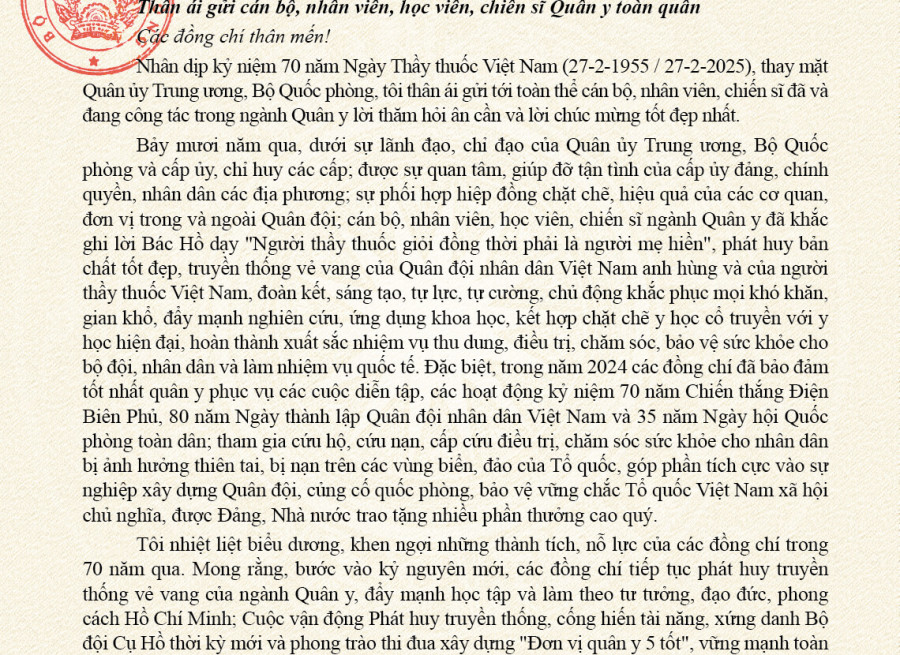 THƯ CỦA BỘ TRƯỞNG BỘ QUỐC PHÒNG GỬI CÁN BỘ, NHÂN VIÊN, HỌC VIÊN, CHIẾN SĨ QUÂN Y TOÀN QUÂN