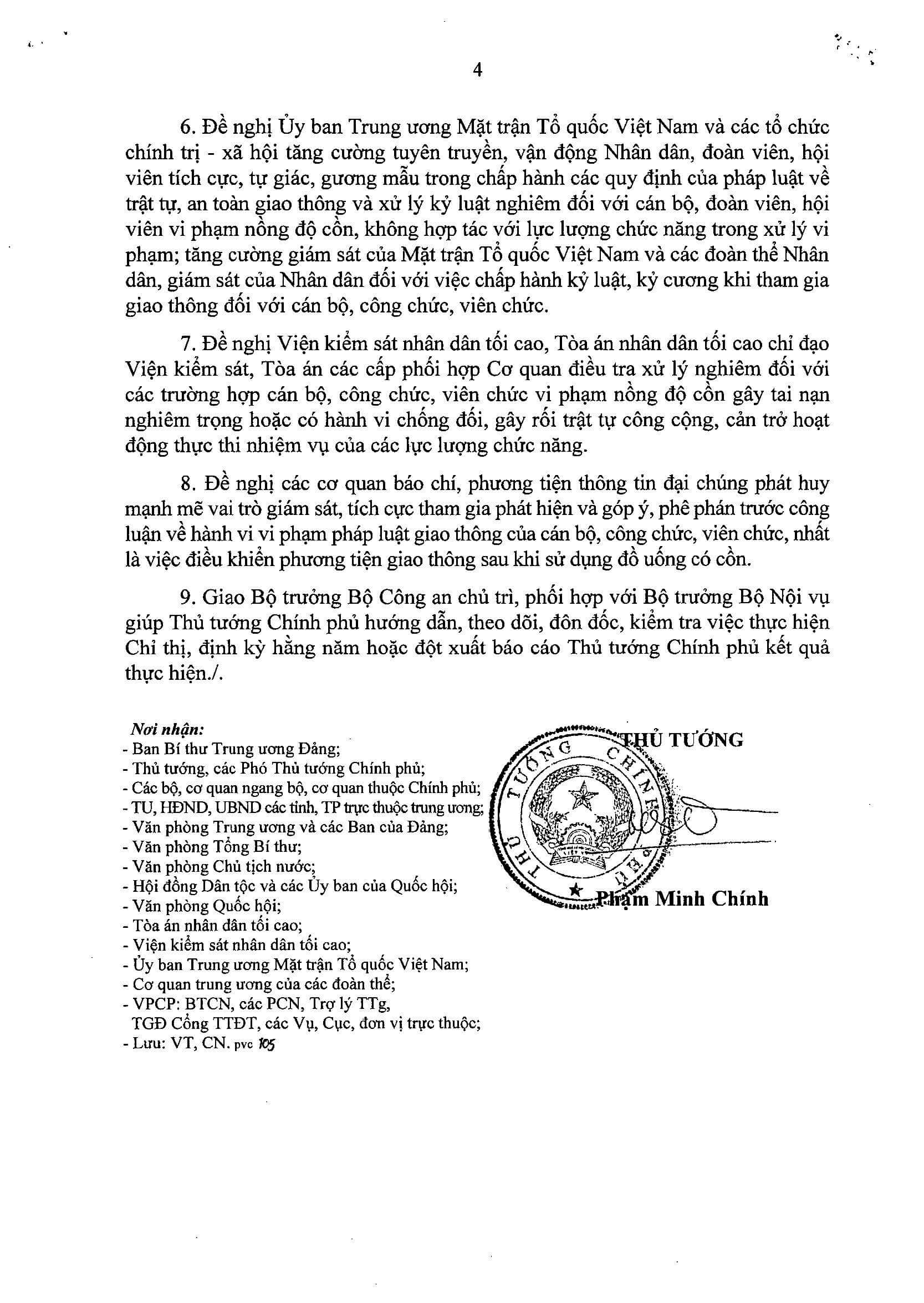 CHỈ THỊ QUY ĐỊNH VIỆC XỬ LÝ CÁN BỘ, CÔNG CHỨC, VIÊN CHỨC VÀ CHIẾN SĨ TRONG LỰC LƯỢNG VŨ TRANG VI PHẠM NỒNG ĐỘ CỒN